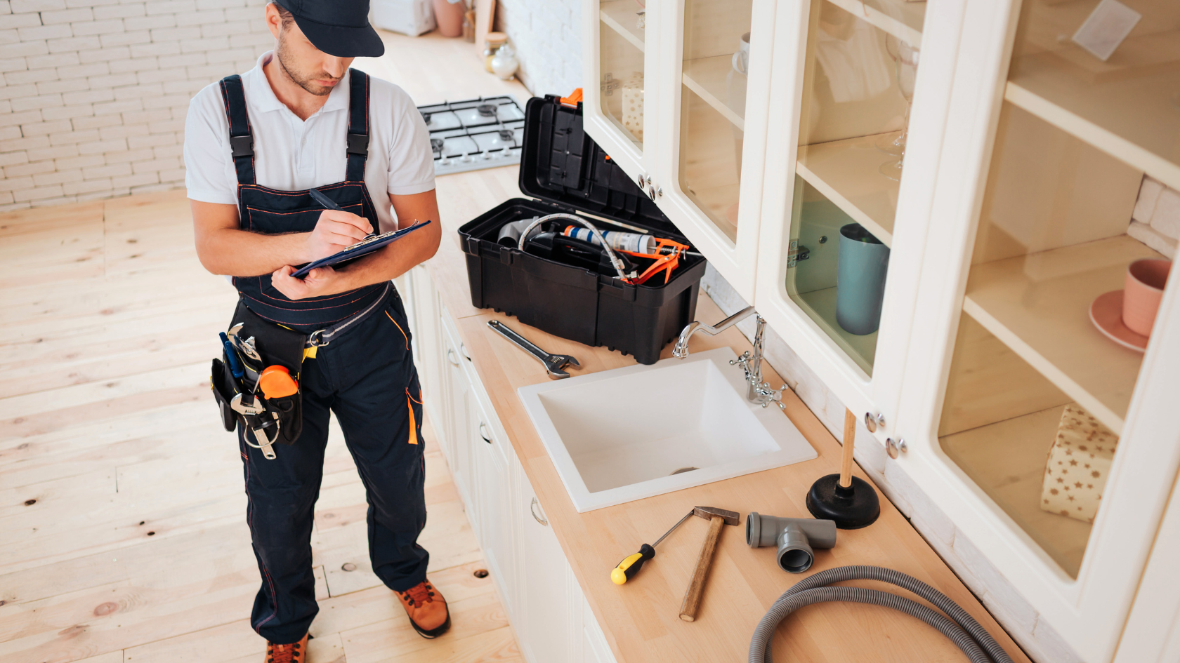 A man standing in a kitchen with tools in his hands